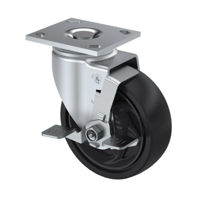 Mold-On Rubber Caster - Swivel with Brake - 4" Wheel