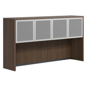CLAHU2004- Hutch with 4 Silver Frame Glass Doors- Modern Walnut/Silver Glass