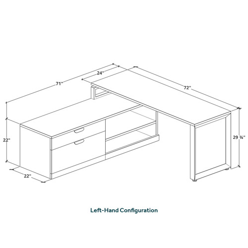 Encore L-Shape Desk 71" x 72" with Personal Storage and Bookcase Credenza - Silver Birch with White Top