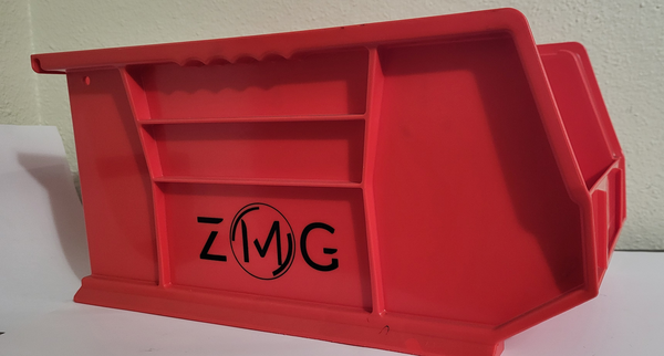 8" W X 7" H X 15" L OPEN FACE STACKABLE PLASTIC STORAGE BIN RED W/ ZMG LOGO
