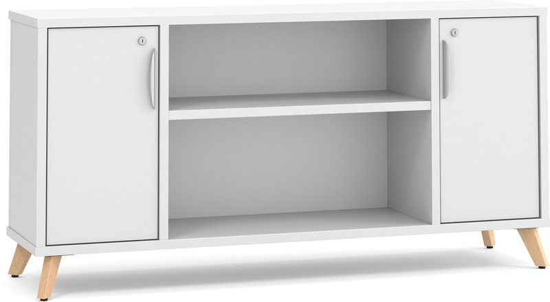 Signature Narrow Storage Credenza with Wood Legs - White with Natural Oak Legs