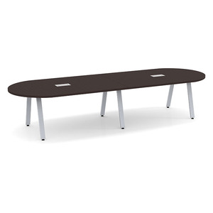 12ft Racetrack, Signature Conference Table: Silver Metal Base, Espresso Top