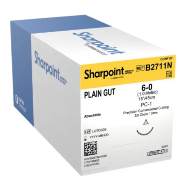 Suture 6-0 Plain Gut 18" 3/8  S/A Convent Cutting B2711N