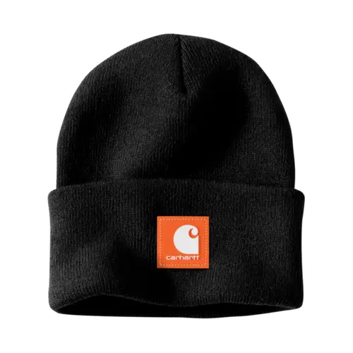 CARHARTT 106920 - Brite Orange Knit Rubber Patch Beanie - Black/Worksite Orange