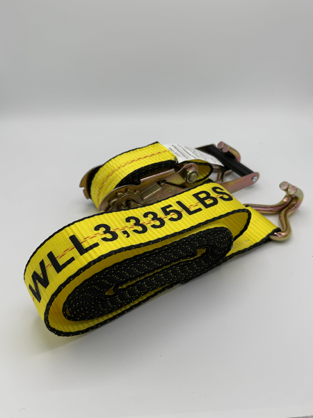 2" X 15' RATCHET STRAP W/ WIRE HOOKS 12,000# YELLOW PRINTED AS - WLL 3,335LBS