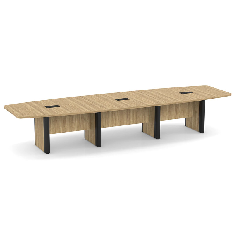 Classic Plus Boat-Shape Conference Table 14 Ft - Aspen with Black Metal Accents (3 Small Grommets)