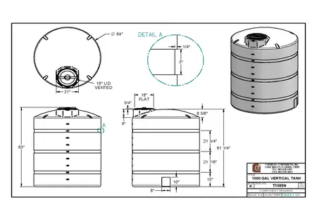 1000 Gallon Vertical Polyethylene Storage Tank - 64" D x 83" H