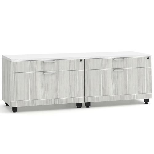 Elements Dual Storage Cabinet Credenza - White Top and Silver Birch Base with Black Riser