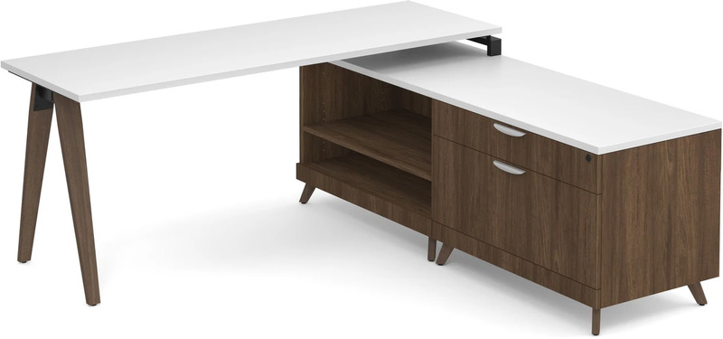 Signature L-Shape Desk 71" x 72" - White Top and Modern Walnut Base and Legs with Black Hardware