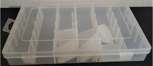 7 1/4" W X 1 3/4" H X 11" L 6-18 COMPARTMENT ROCKFORD PLASTIC TACKLEBOX ORGANIZER CLEAR