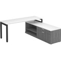 Elements L-Shape Workstation 71" x 72" x 30"D with Storage Credenza - White Top and Newport Grey Base with Black Legs