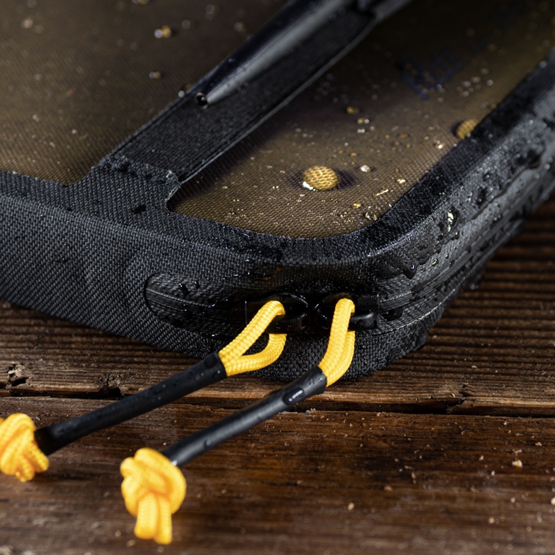 Close up image of desk's zippers with water drops.