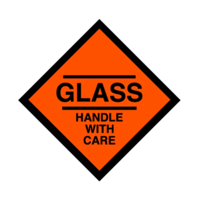 Glass Handle With Care Label - 3" x 3" - Fluorescent Red