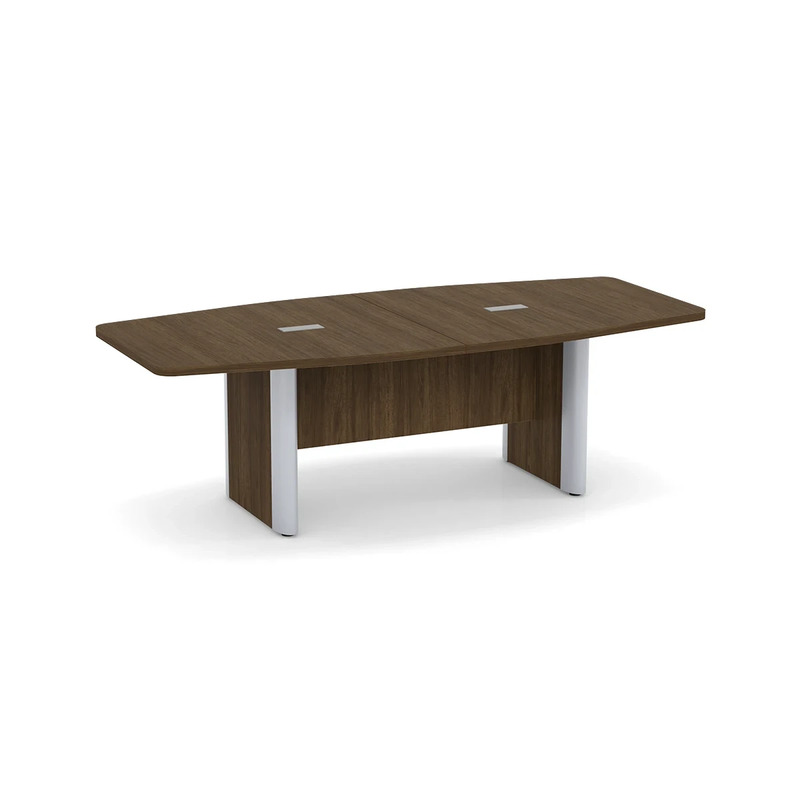 Classic Plus Boat-Shape Conference Table 8 Ft - Modern Walnut with Silver Metal Accents (2 Grommets)