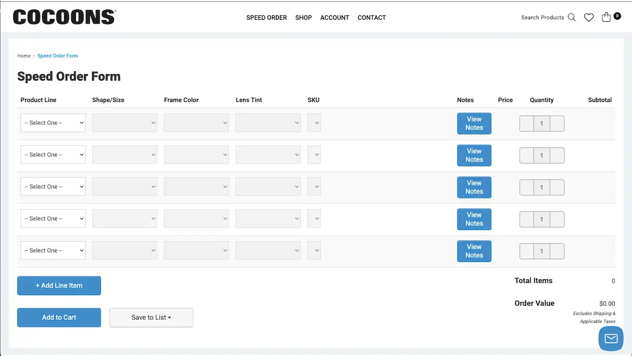 cocoons speed order form webpage