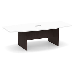 8ft Boat Shape, slab base Conference Table: WHITE TOP ESPRESSO BASE 