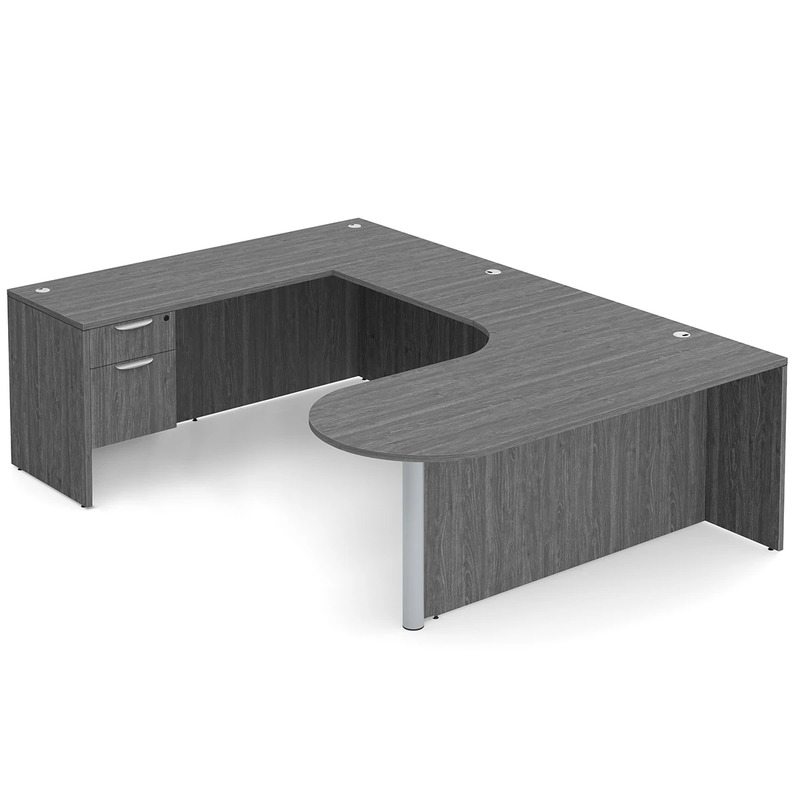 Classic U-Shape Bullet Executive Workstation 101" x 71" Left Hand with Box/File Pedestal - Newport Grey with Silver Post Finish