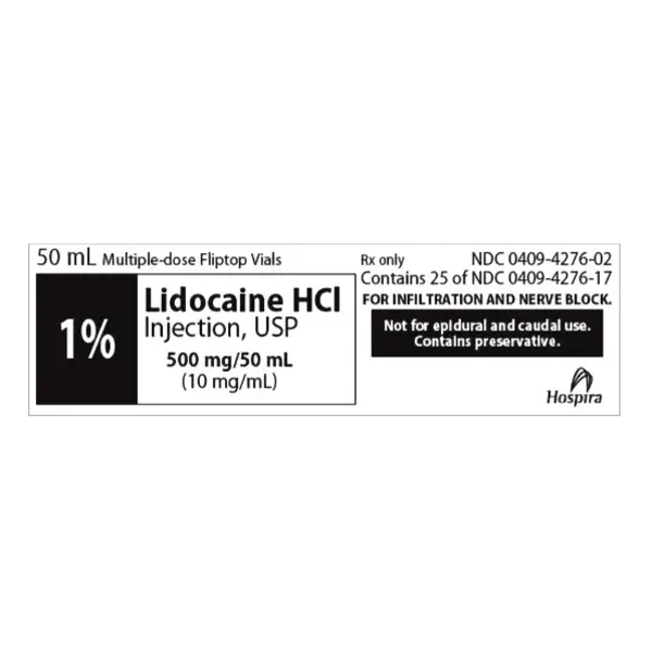 Lidocaine, Injection, 1%, 50 mL (25/pk) Vial NDC 00409427602