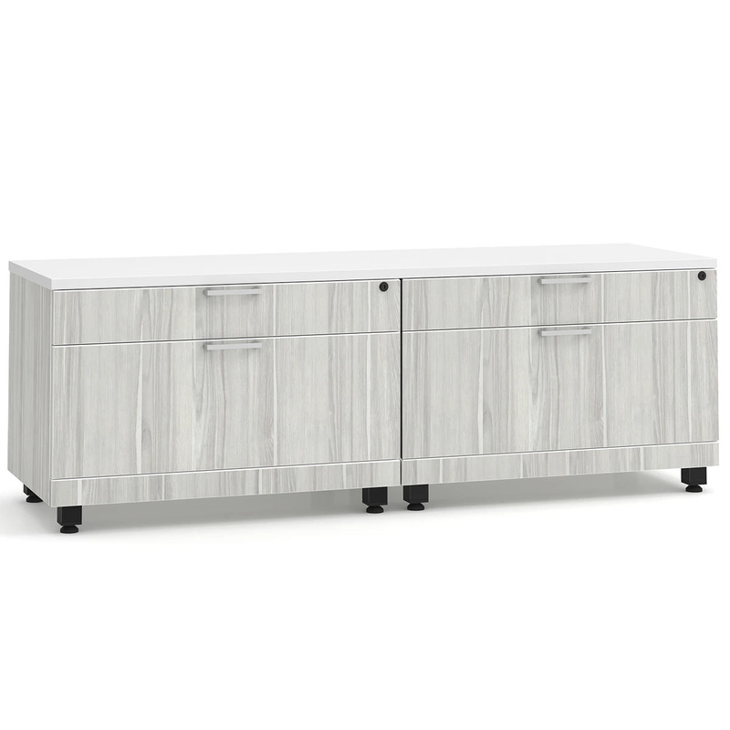 Elements Dual Storage Cabinet Credenza - White Top and Silver Birch Base with Black Riser