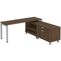 Elements L-Shape Workstation 71" x 72" x 24"D with Personal Storage Credenza - Modern Walnut with Silver Legs