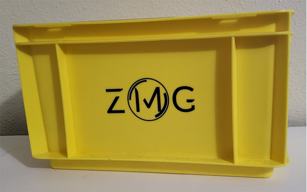 8" W X 7" H X 12" L STRAIGHTWALL STACKABLE PLASTIC STORAGE BIN YELLOW W/ ZMG LOGO