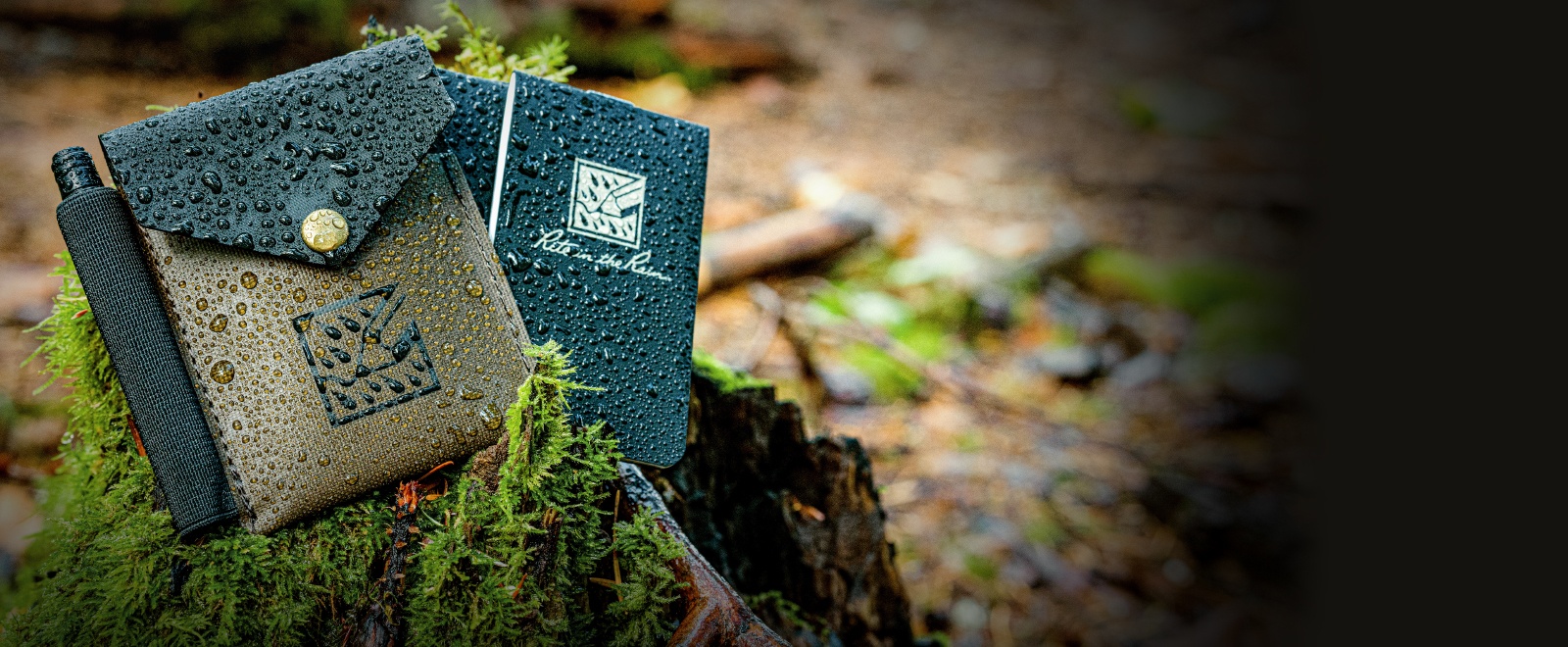 Weatherproof wallet covered in water droplets.