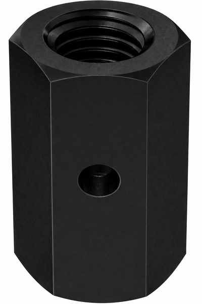 3/8" - 16 X 1 3/4" HEX COUPLING NUT WITH INSPECTION HOLE SAE J995 GR 8 BLACK OXIDE
