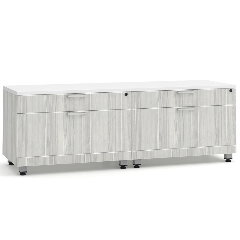 Elements Dual Storage Cabinet Credenza - White Top and Silver Birch Base with Silver Riser