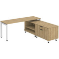 Elements L-Shape Workstation 71" x 72" x 24"D with Personal Storage Credenza - Aspen with White Legs