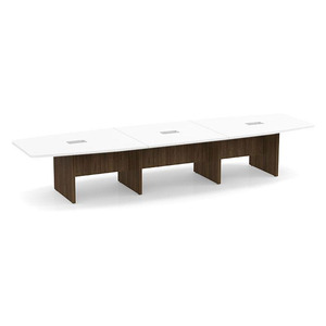 14ft Boat Shape, slab base Conference Table: WHTE TOP MODERN WALNUT BASE 
