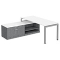 Elements L-Shape Workstation 71" x 72" with Storage Credenza - White Top and Newport Grey Base with Silver Legs