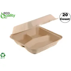 BCS093 8 X 8 X 3 WHITE 3-COMPARTMENT HINGED CONTAINER, STALK MARKET COMPOSTABLE, 200/CS