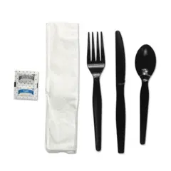 6 PC CUTLERY KIT CONDIMENT/FORK/KNIFE,NAPKIN/SPOON BWKFKTNSHWPSBLA  250/CS
