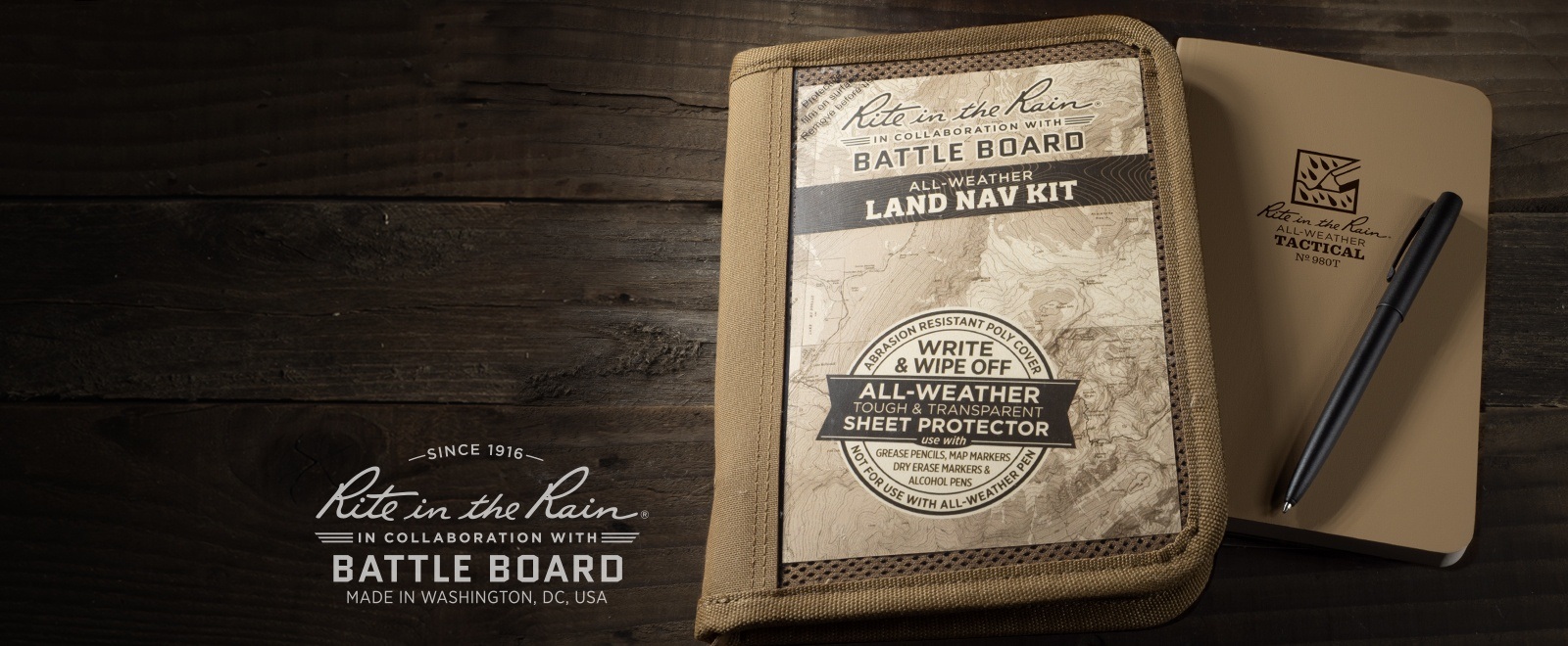 Battle Board All Weather LAND NAV KIT, tactical field book, and weatherproof pen.