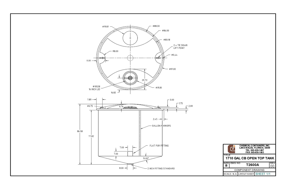 CCI 1710 Gallon Open Top Cone Bottom Tank 86" D x 87" H