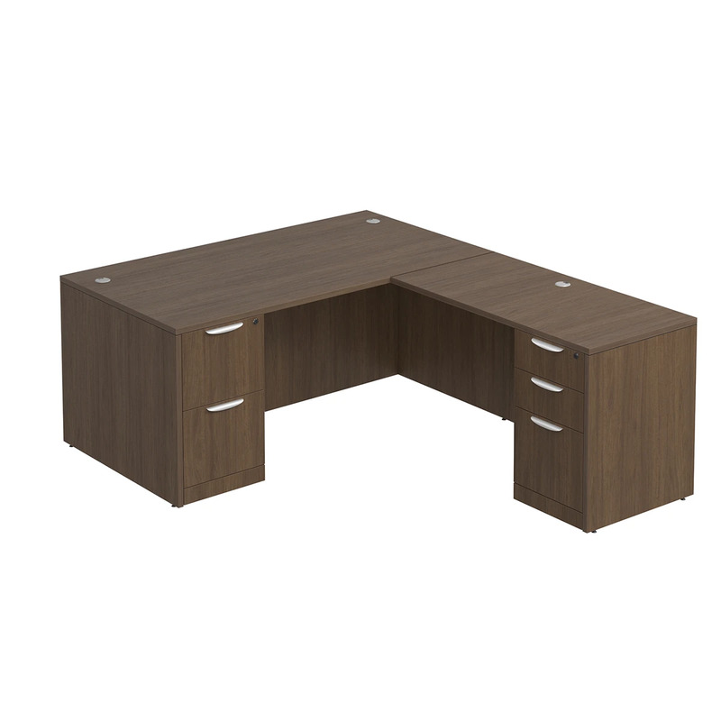 Classic L-Shape Desk 77" x 66" with 2 Full Pedestals - Modern Walnut