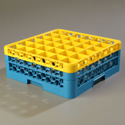 Carlisle 36-Compartment Blue Glass Rack with 2 Yellow Extenders