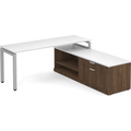 Elements L-Shape Workstation 71" x 72" with Storage Credenza - White Top and Modern Walnut Base with Silver Legs
