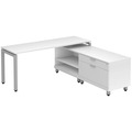 Elements L-Shape Workstation 71" x 72" x 30"D with Personal Storage Credenza - White with Silver Legs