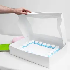 19 X 14 X 4 WHITE BAKERY CAKE BOX, 1/2 SHEET, WITH WINDOW AUTOMATIC HONEY MOON 50/CS FPOR-19144W