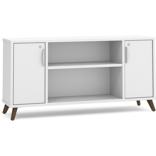 Signature Narrow Storage Credenza with Wood Legs - White with Modern Walnut Legs