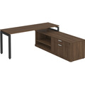 Elements L-Shape Workstation 72" x 71" with Storage Credenza - Modern Walnut with Black Legs