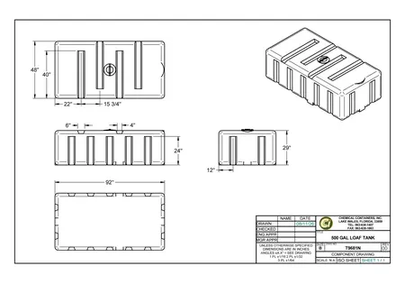 500 Gallon Loaf Rectangular Tank - 29" H x 48" W x 92" L