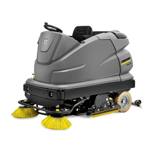 New Karcher B 250 R Bp, D 100 disc scrub deck, 36 V/650 Ah steel case wet batteries, H.E. shelf charger, curved squeegee, red br