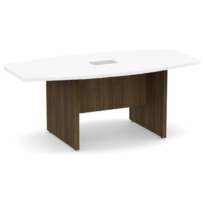 6ft Boat Shape, slab base Conference Table: WHITE TOP / MODERN WALNUT BASE
