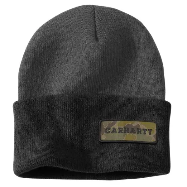 CARHARTT 107197 - Knit Cuffed Camo Patch Beanie - Black and Grey