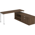 Elements L-Shape Workstation 71" x 72" x 30"D with Storage Credenza - Modern Walnut with White Legs
