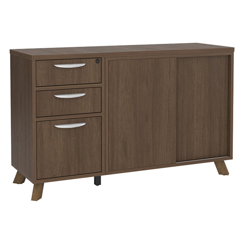 PL245 - FLEX CREDENZA W/PEDESTAL AND CABINET - Modern Walnut