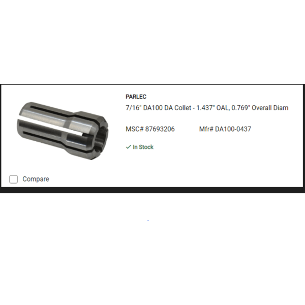 PARLEC 7/16" DIA 100 DA COLLET - 1.437" OAL, 0.769" Overall Diam