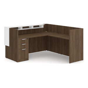 CLALD1056NMWNWHT, 73"x72" L Shape Reception Station with Deluxe Transaction Top - Modern Walnut